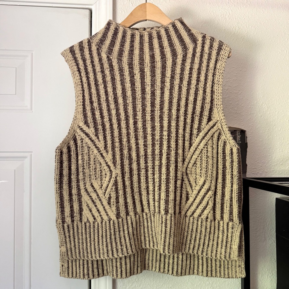 SUNDANCE cream brown wool blend striped turtleneck boxy cropped sweater vest